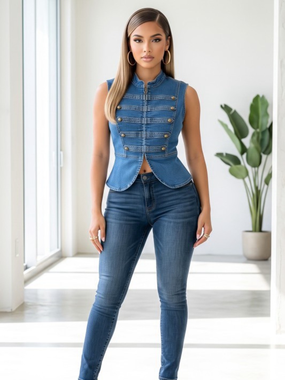 Sleeveless Military-Style Denim Peplum Top in Blue T-30260